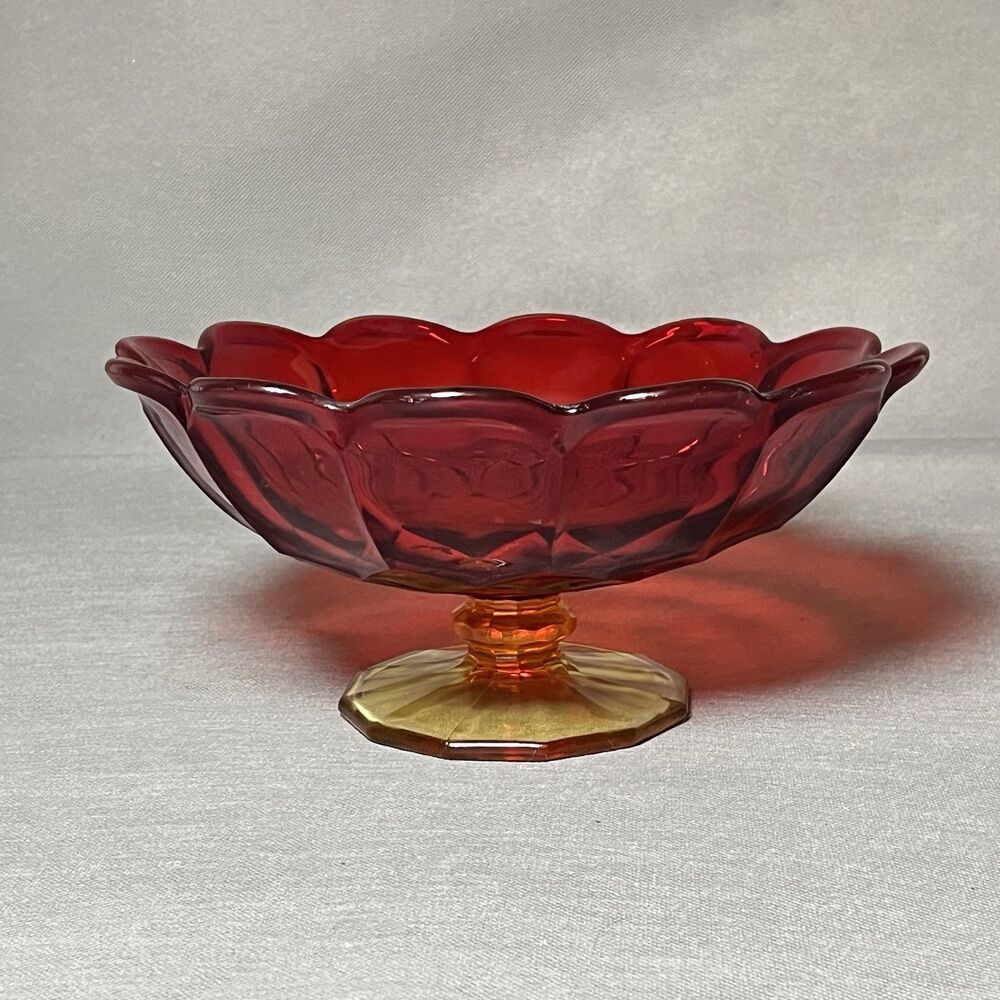 Vintage Amber is Footed Compote Scalloped Edge Red/Orange-UV